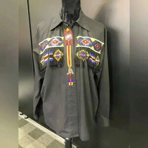 Lew Magram Beaded Western Aztec Seed Bead Fringe button down - Vintage